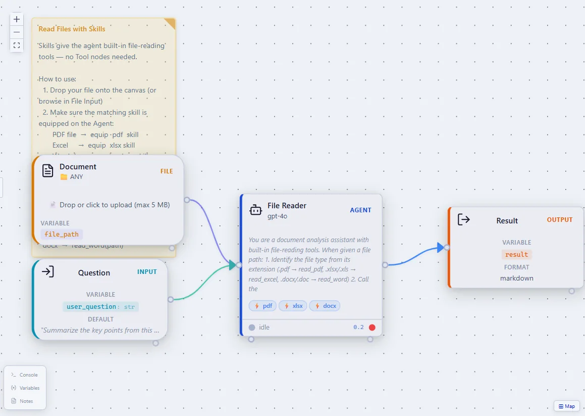 A QMerse flow reading PDF, Excel and Word files with a File Reader agent and its skills