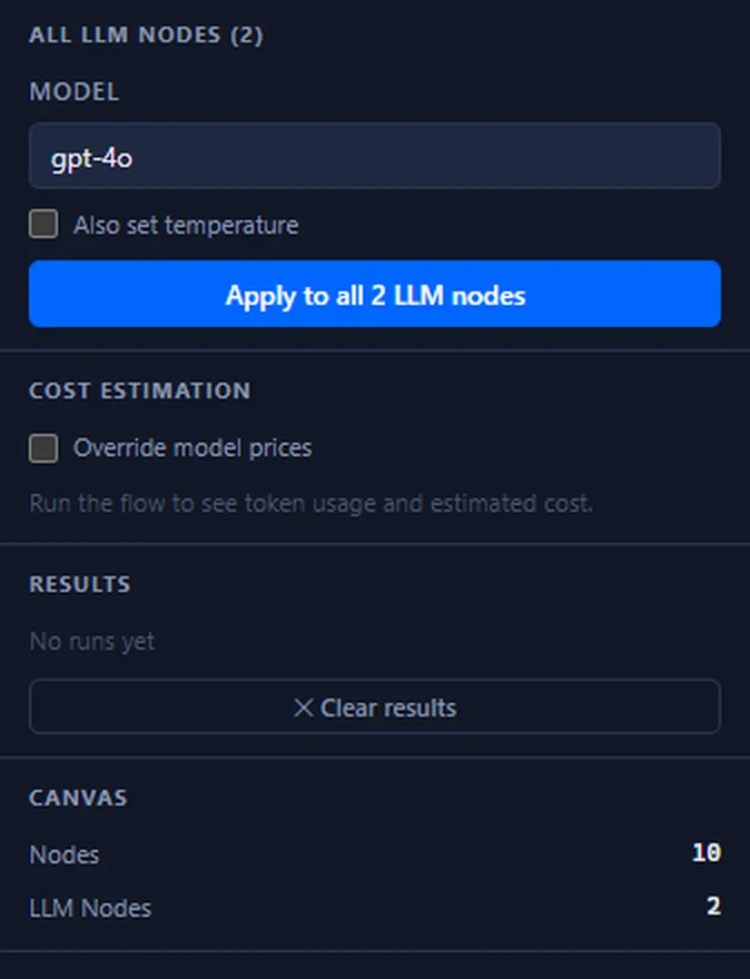 The QMerse settings panel: one model setting applied to all LLM nodes, and cost estimation per run.