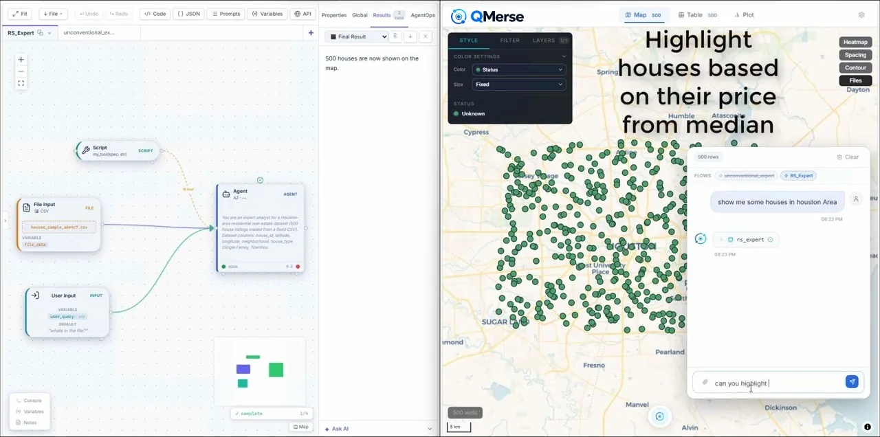 The AI real estate agent, built on QMerse: the canvas beside the map application it drives