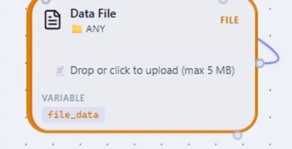 A Data File node on the QMerse canvas reading: Drop or click to upload (max 5 MB).