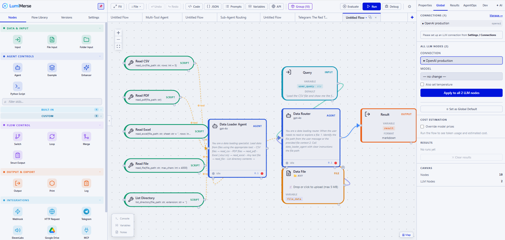 The LumiMerse visual reasoning canvas — agents wired from data sources through reasoning to a validated result
