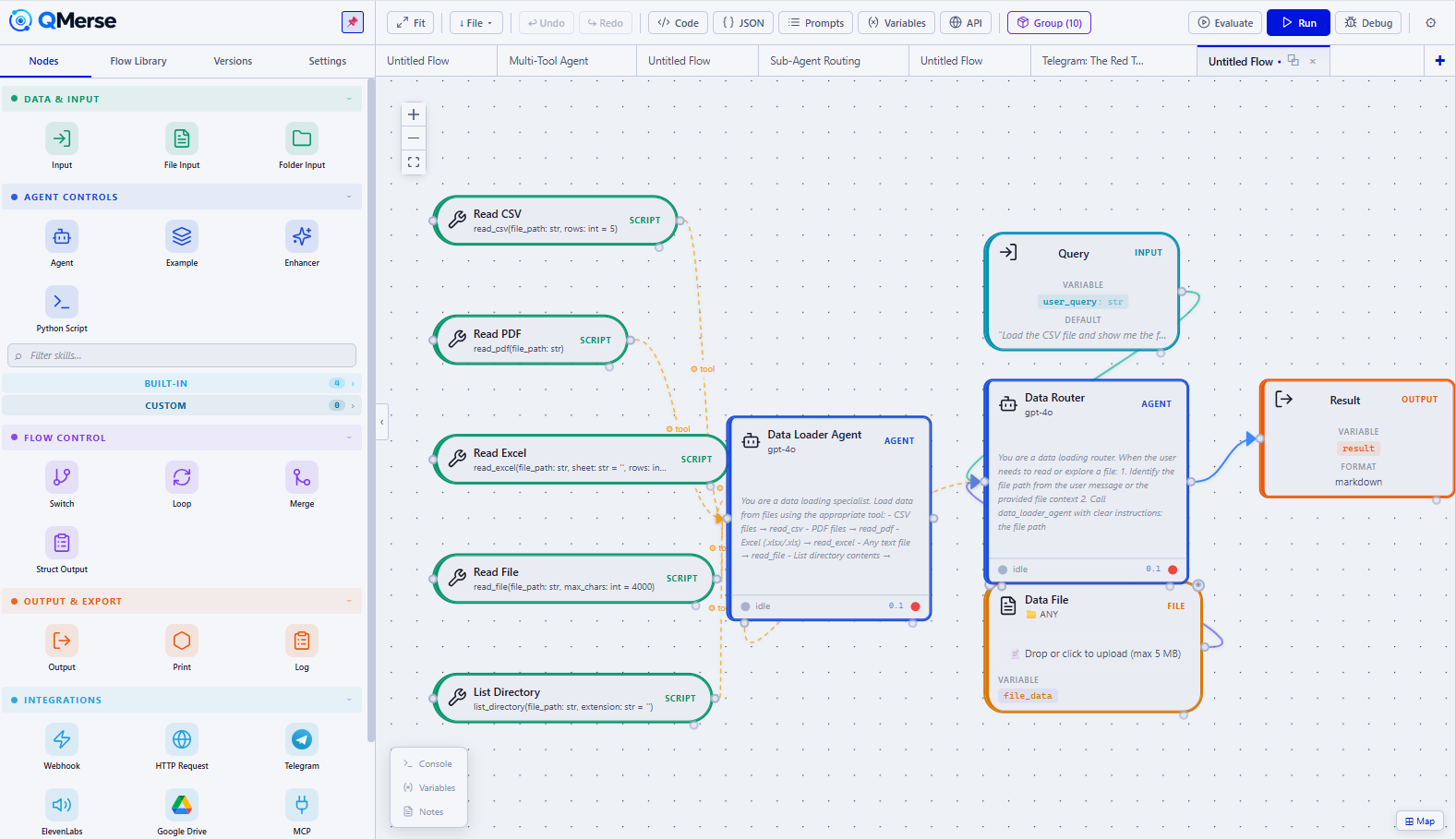 The QMerse canvas in light mode: the node palette on the left, a toolbar with Code, JSON, Prompts, Variables, API, Evaluate, Run and Debug, and a data-loading flow on the canvas.